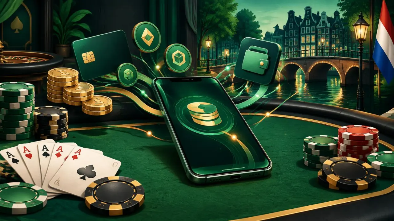 Digitale casino betalingen met smartphone, betaalkaart, munten en fiches aan een Nederlandse gracht