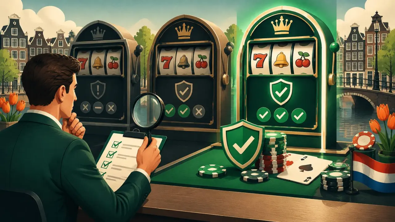 Nederlandse beoordelaar vergelijkt drie online casino's met een checklist en vergrootglas