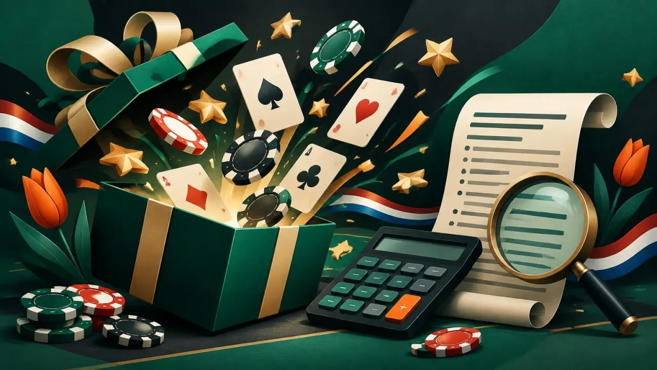 Casinobonus met cadeau, fiches, speelkaarten, rekenmachine en bonusvoorwaarden