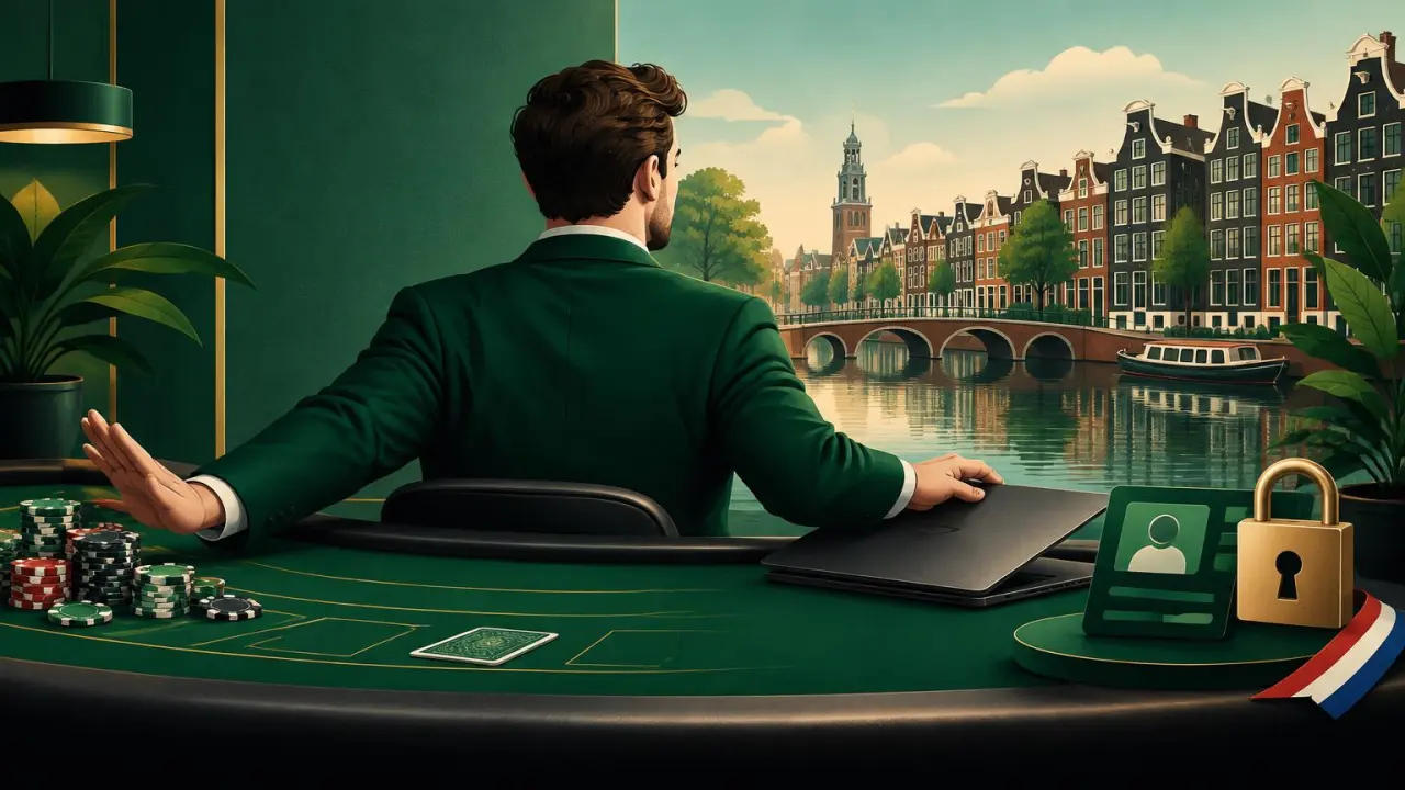 Nederlandse speler aan een groene casinotafel die bewust afstand neemt van fiches