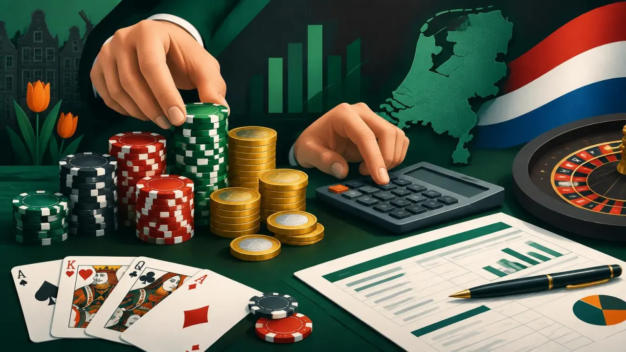 Nederlandse kansspelbelasting berekenen met casinofiches, munten, speelkaarten en rekenmachine