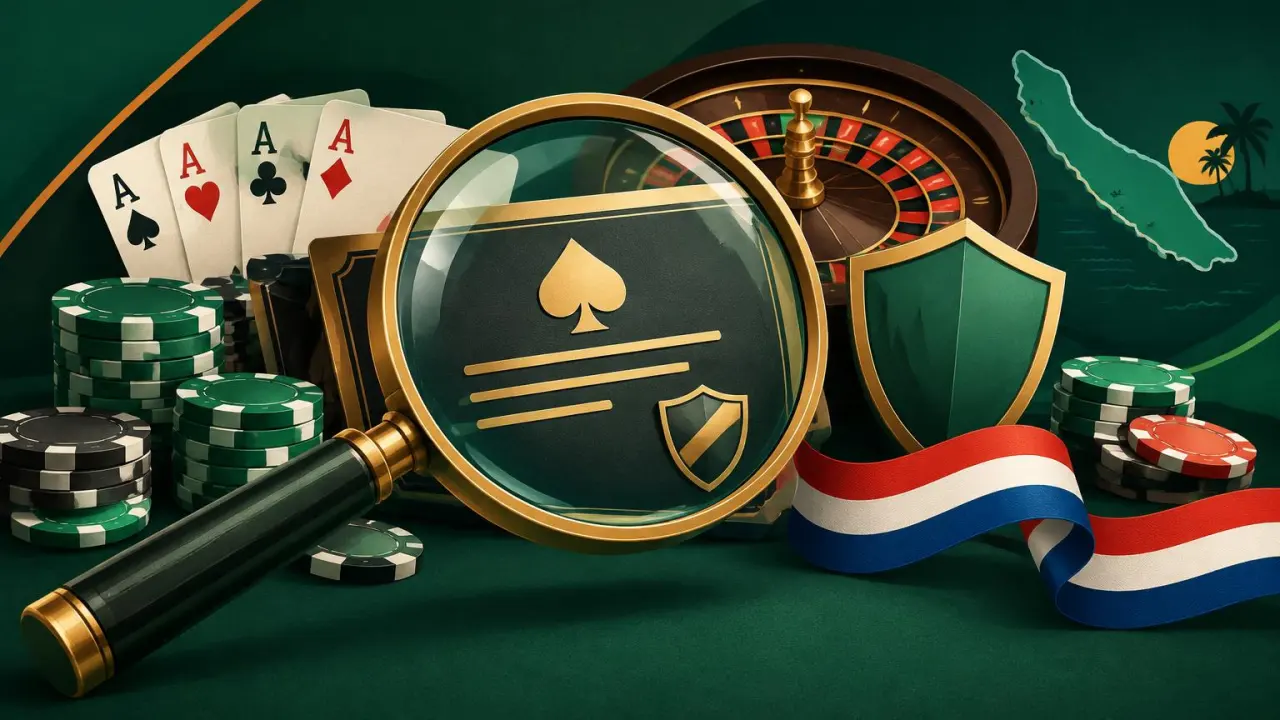 Vergrootglas boven een casinovergunning tussen roulette, fiches en Nederlandse kleuren