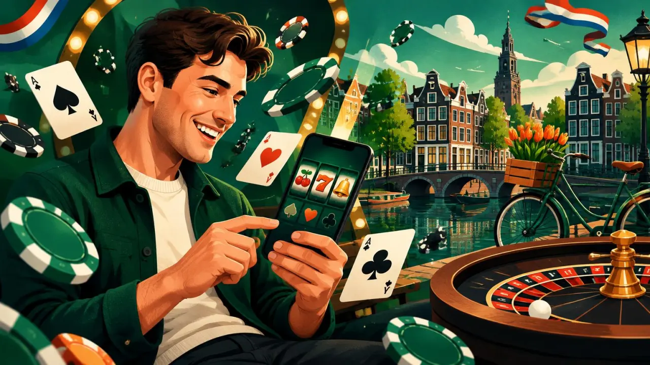 Nederlandse volwassen speler met online slots op zijn smartphone tussen roulette en casinofiches