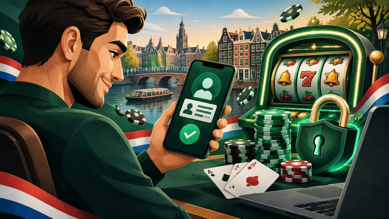 Identiteitscontrole op een smartphone naast een slotmachine, casinofiches en Amsterdams decor