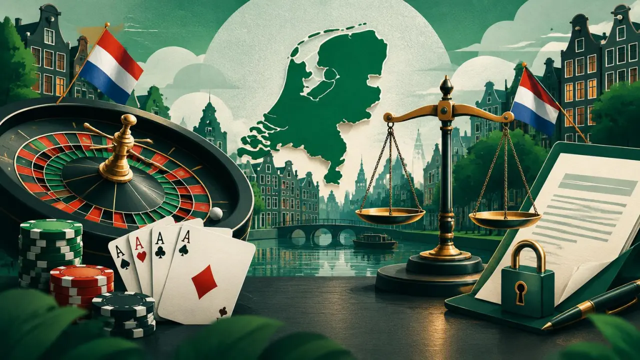 Roulette, speelkaarten en een weegschaal bij een kaart van Nederland als beeld voor kansspelwetgeving