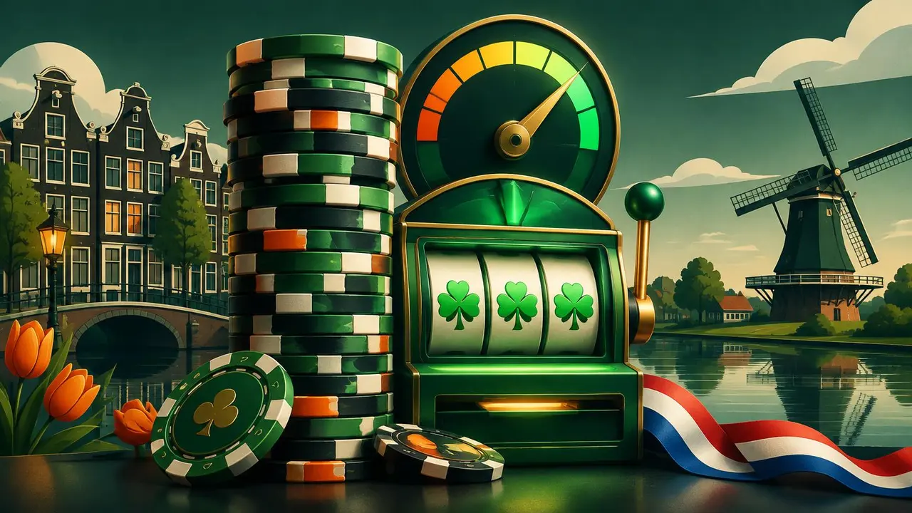 Hoge stapel casinofiches naast een slotmachine met een meter bijna op maximaal, als beeld voor een casino zonder stortingslimiet