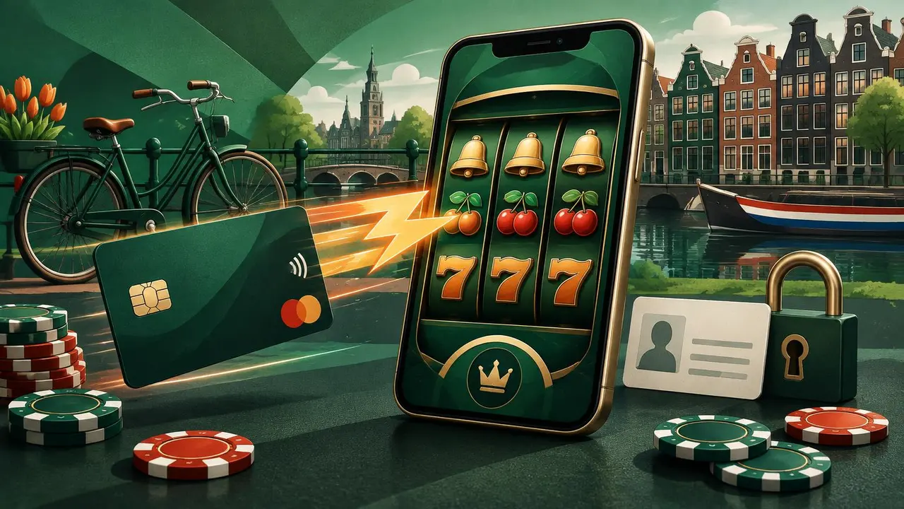 Snel spelen bij een casino zonder registratie: smartphone met slots, betaalkaart en wachtende ID-kaart aan een Nederlandse gracht